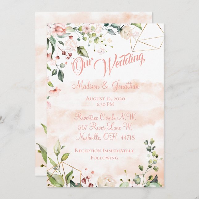 Pretty Pink Floral Script Wedding Invitation (Front/Back)