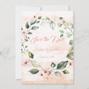 Pretty Pink Floral Script Wreath Save The Date