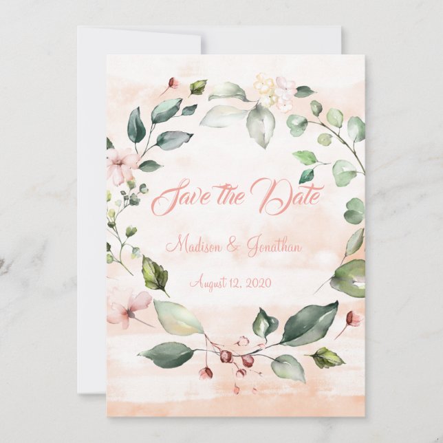 Pretty Pink Floral Script Wreath Save The Date (Front)