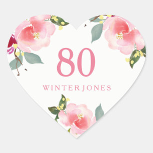 Pretty Pink Floral Watercolor 80th Birthday Party Heart Sticker