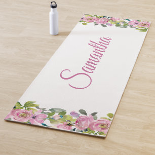Pretty Pink Floral Watercolor Personalised Name Yoga Mat