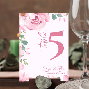 Pretty Pink Floral Wedding Party Table Number
