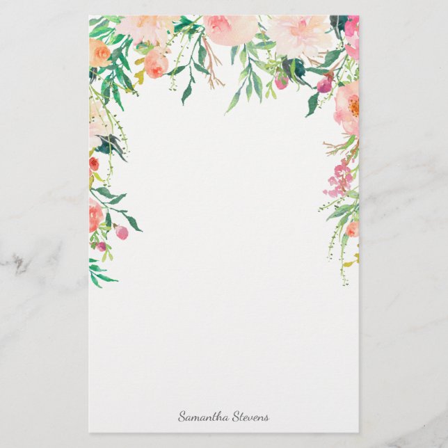 Pretty Pink Floral with Your Name Stationery (Front)