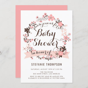 Pretty Pink Floral Wreath Baby Shower Invitation