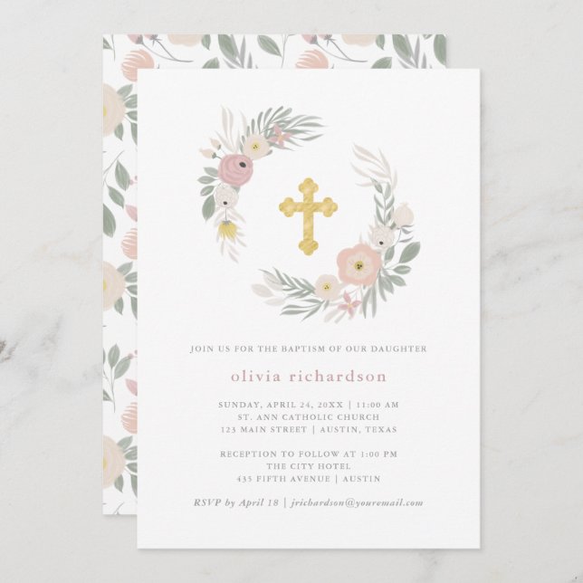 Pretty Pink Floral Wreath | Baptism Invitation (Front/Back)