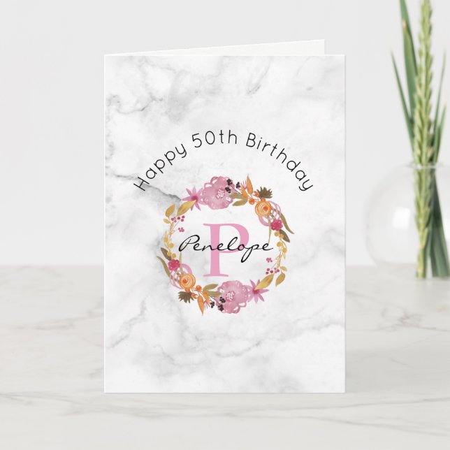 Pretty Pink Floral Wreath Monogram Birthday Card (Front)