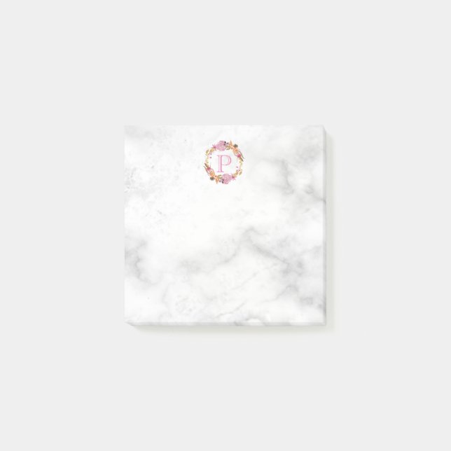 Pretty Pink Floral Wreath Monogram Post-it Notes (Front)