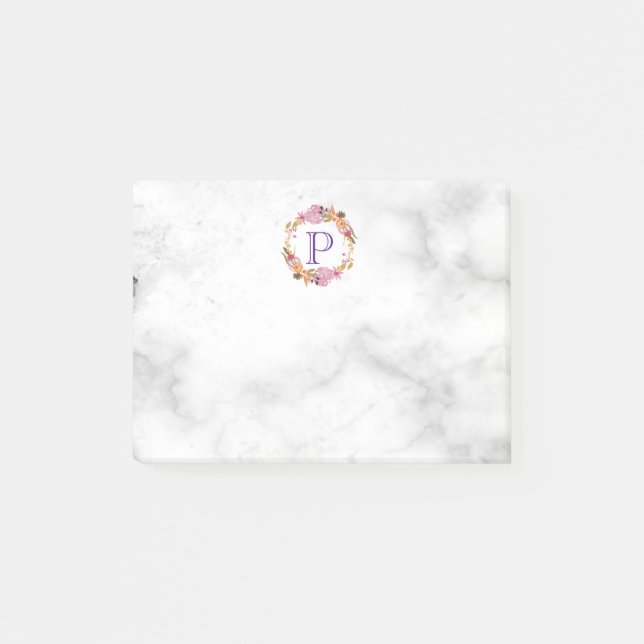 Pretty Pink Floral Wreath Monogram Post-it Notes (Front)
