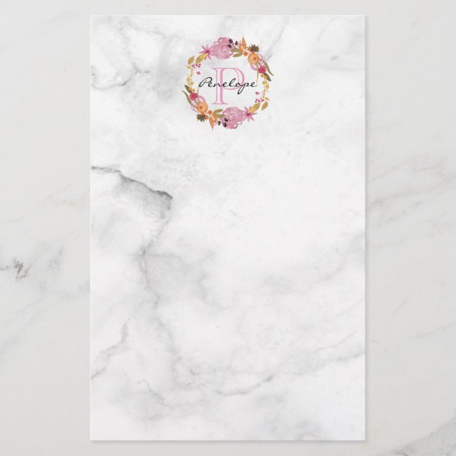 Pretty Pink Floral Wreath Monogram Stationery (Front)