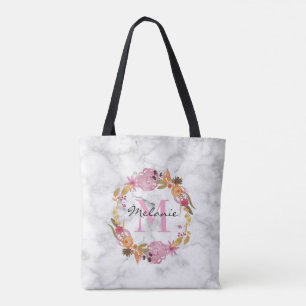 Pretty Pink Floral Wreath Monogram Tote Bag