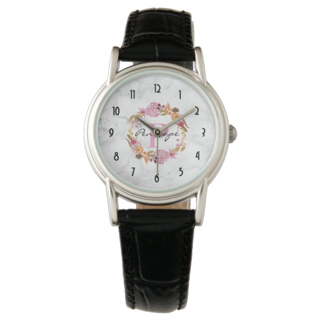 Pretty Pink Floral Wreath Monogram Watch (Front)