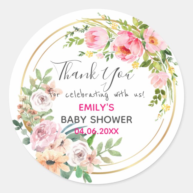 Pretty Pink Floral Wreath Thank You Baby Shower Classic Round Sticker (Front)