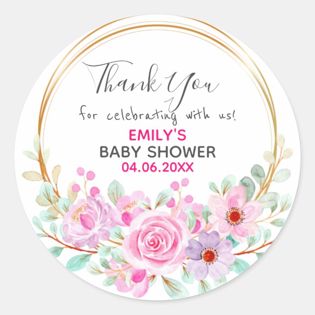 Pretty Pink Floral Wreath Thank You Baby Shower Classic Round Sticker (Front)