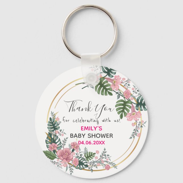 Pretty Pink Floral Wreath Thank You Baby Shower Key Ring (Front)