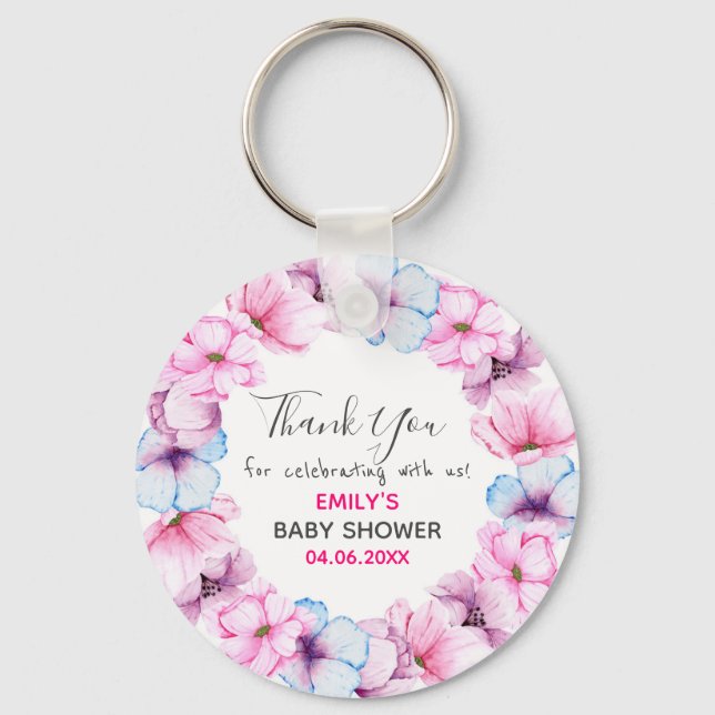 Pretty Pink Floral Wreath Thank You Baby Shower Key Ring (Front)