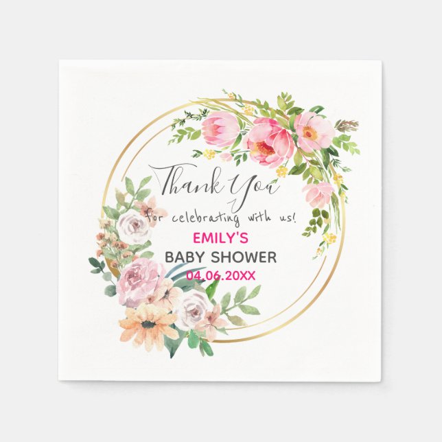 Pretty Pink Floral Wreath Thank You Baby Shower Napkin (Front)