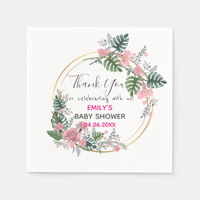 Pretty Pink Floral Wreath Thank You Baby Shower Napkin (Front)