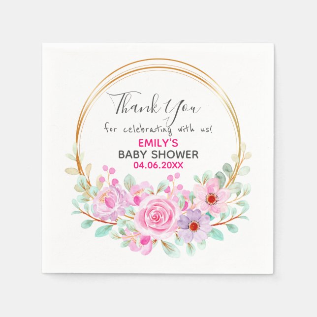 Pretty Pink Floral Wreath Thank You Baby Shower Napkin (Front)