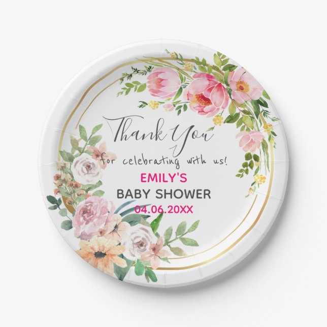 Pretty Pink Floral Wreath Thank You Baby Shower Paper Plate (Front)