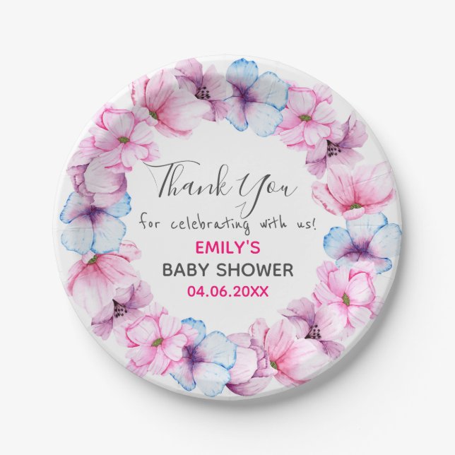 Pretty Pink Floral Wreath Thank You Baby Shower Paper Plate (Front)