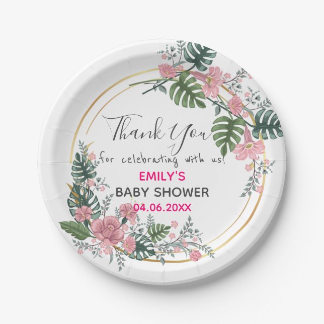 Pretty Pink Floral Wreath Thank You Baby Shower Paper Plate (Front)