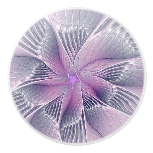 Pretty Pink Flower Modern Abstract Fractal Art Ceramic Knob (Front)