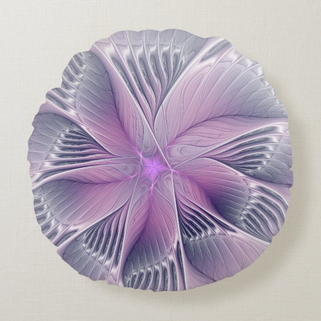 Pretty Pink Flower Modern Abstract Fractal Art Round Cushion (Front)