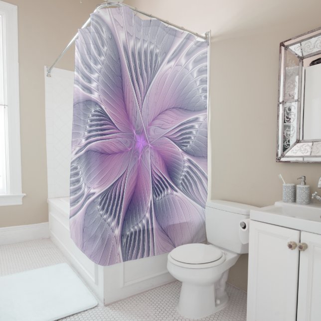 Pretty Pink Flower Modern Abstract Fractal Art Shower Curtain (In Situ)