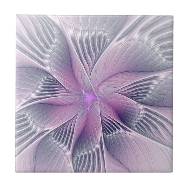 Pretty Pink Flower Modern Abstract Fractal Art Tile (Front)