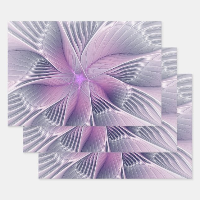 Pretty Pink Flower Modern Abstract Fractal Art Wrapping Paper Sheet (Set)