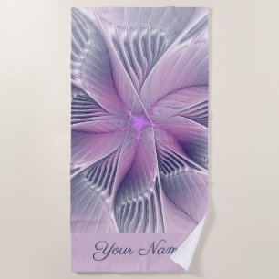 Pretty Pink Flower Modern Abstract Fractal Name Beach Towel