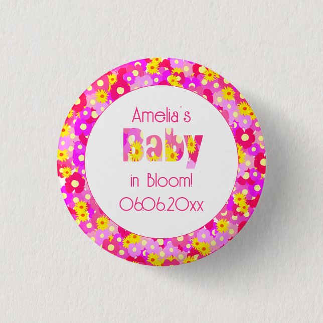 Pretty Pink Flower Personalised Baby Shower 3 Cm Round Badge (Front)