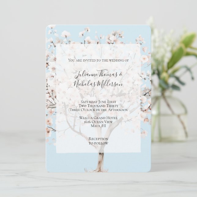 Pretty Pink Flowering Tree Wedding Invitation (Standing Front)