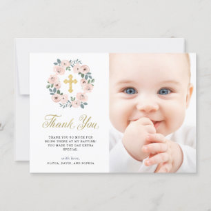 Pretty Pink Flowers and Gold Cross   Baptism Photo Thank You Card