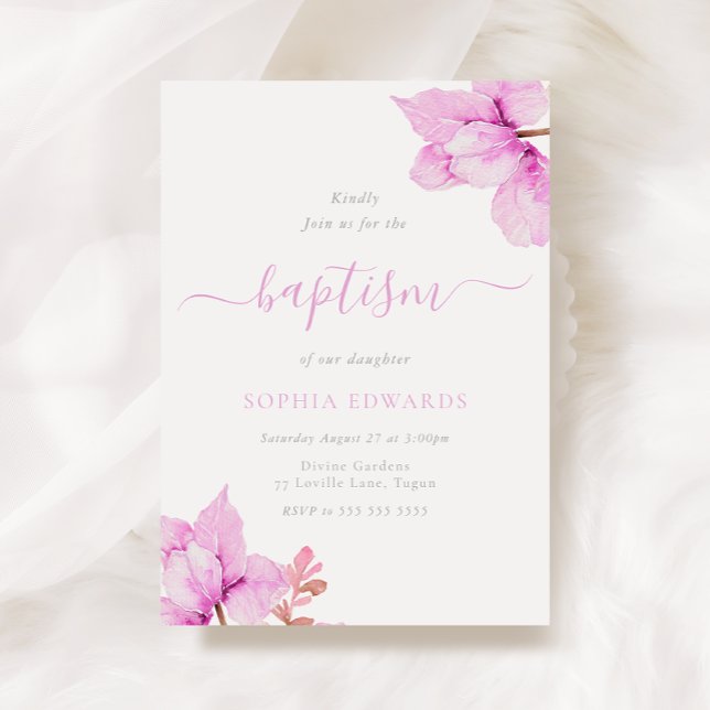 Pretty Pink Flowers Baby Girls Baptism Invitation (Creator Uploaded)
