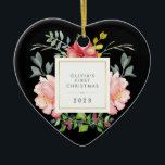 Pretty Pink Flowers Babys First Christmas on Black Ceramic Tree Decoration<br><div class="desc">This beautiful ornament features lovely watercolor style pink peonies and grey and green leaves. A square frame with faux gold foil is in the centre, and you can personalise with your baby's name and any message or year by using the template. (PLEASE NOTE: the gold look is printed on, and...</div>
