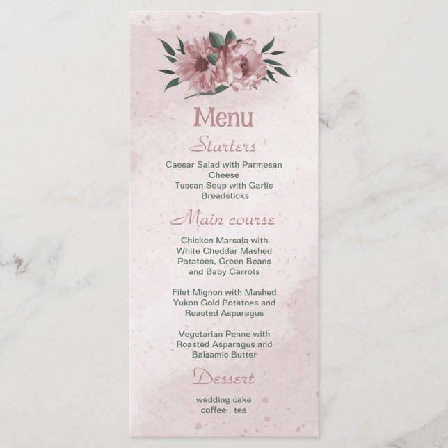 pretty pink flowers botanical wedding menu (Front)