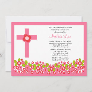 Pretty Pink Flowers & Cross First Holy Communion Invitation