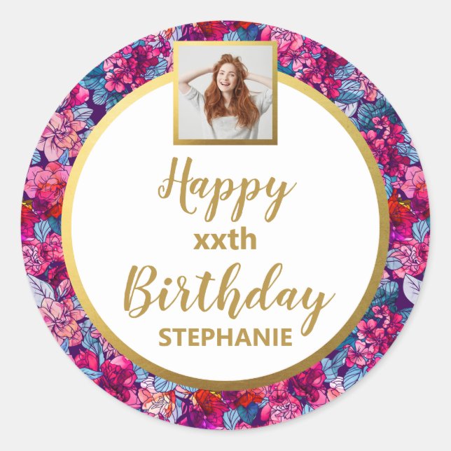Pretty Pink Flowers, Custom Photo, Happy Birthday Classic Round Sticker (Front)
