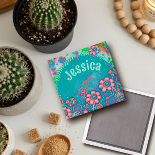 Pretty Pink Flowers Custom Teal Inspirivity Magnet