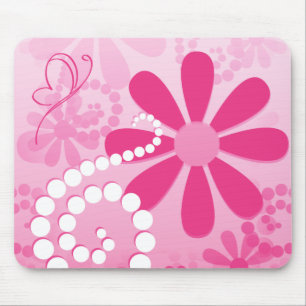 Pretty Pink Flowers Cute Retro Daisy Pattern Mouse Pad