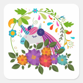 Pretty Pink Flowers Cute Unicorn Christmas Xmas  Square Sticker