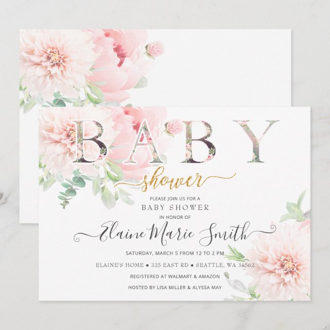 Pretty Pink Flowers Floral Girl Baby Shower Invitation (Front/Back)