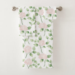 Pretty Pink Flowers Green Leaves   Bath Towel Set