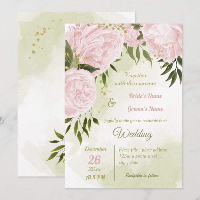 pretty pink flowers greenery geometric wedding invitation (Front/Back)
