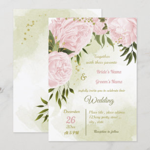 pretty pink flowers greenery geometric wedding invitation