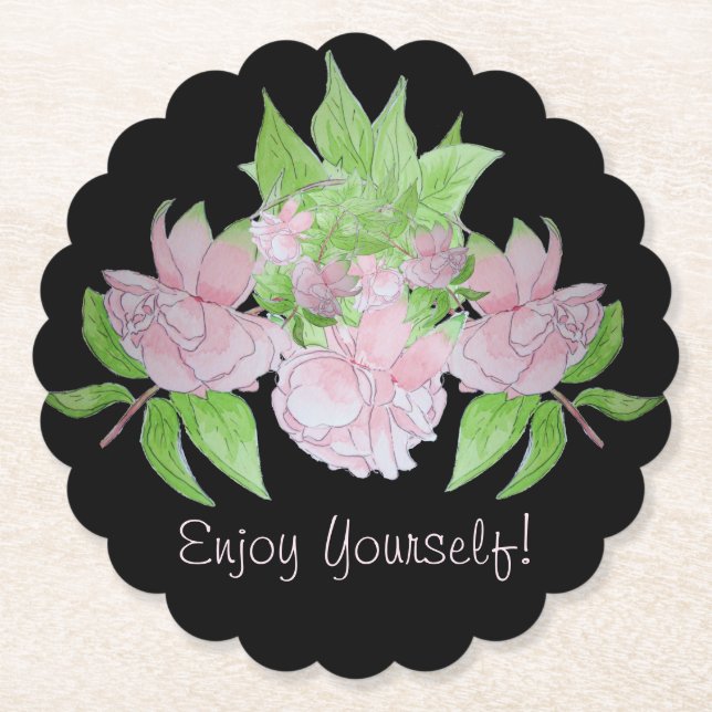 pretty pink flowers on black background floral paper coaster (Front)