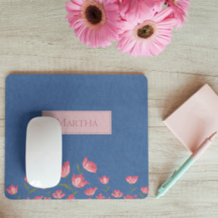 Pretty Pink Flowers on Blue Watercolor Mouse Pad