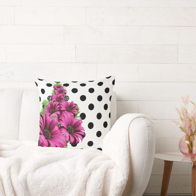 Pretty Pink Flowers Polka Dot Cushion (Couch)
