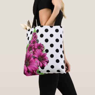 Pretty Pink Flowers Polka Dot Tote Bag